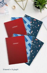 (6’li Paket) 3 Kareli + 3 Çizgili Okul Defteri A4 Karton Kpk. 70 Yaprak - Hobbi Tasarım