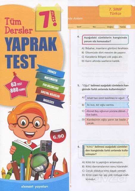 7. Sınıf Tüm Dersler Yaprak Test - 4 Element Yayınları