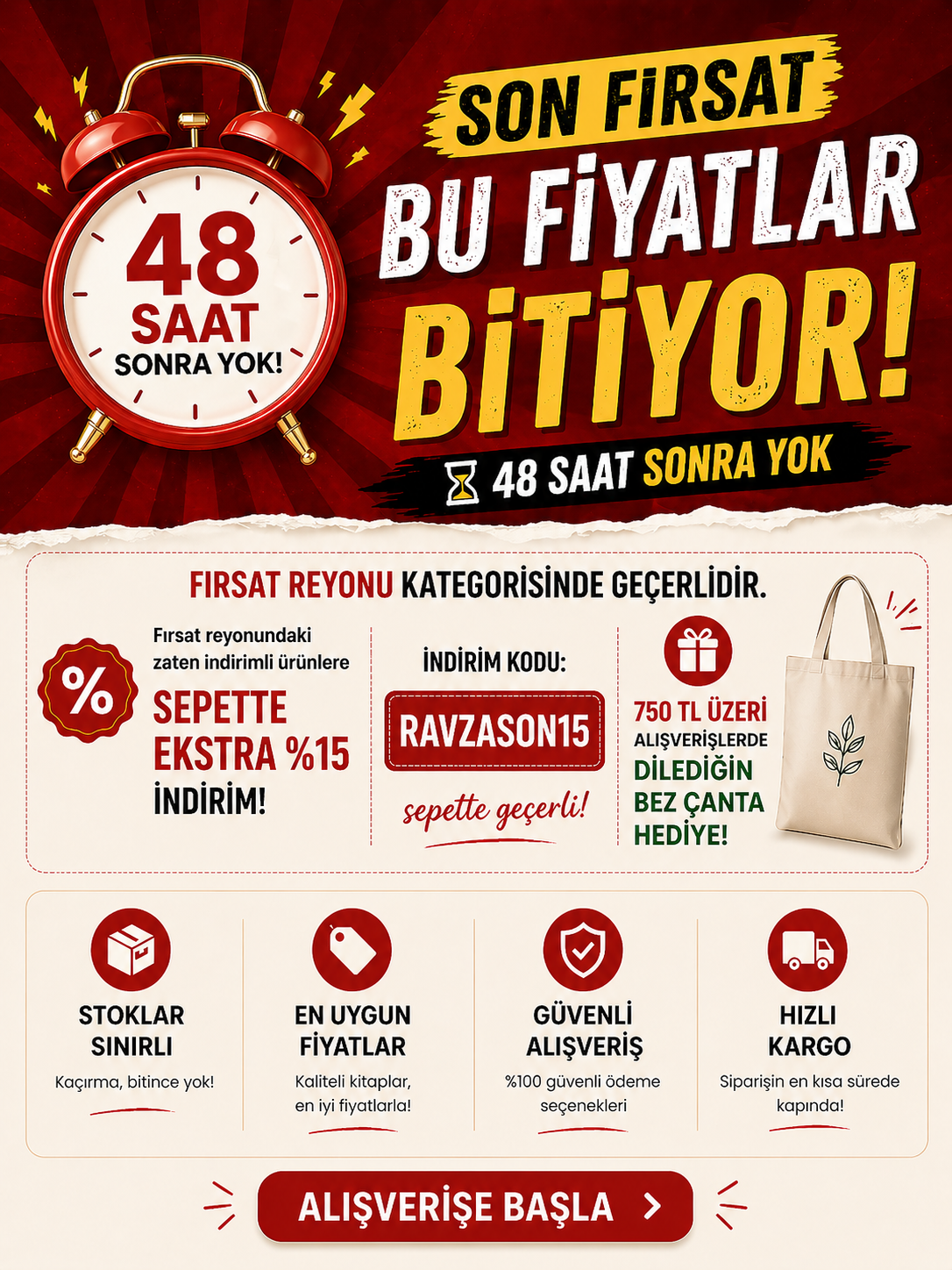 <a href="https://www.ravzakitap.com/firsat-reyonu-kitaplari-stokla-sinirli-en-ucuz-fiyatli-kitaplar"><strong><span style="color: #ff6600;">Fırsat Reyonundan</span> </strong></a>750 TL Alışveriş yap, Dilediğin Bez Çanta Hediye!<span style="color: #99cc00; font-size: 10pt;"> <strong><a href="https://www.ravzakitap.com/islami-bez-canta-organizer-kalemlik" style="color: #99cc00;">İncele</a></strong></span>