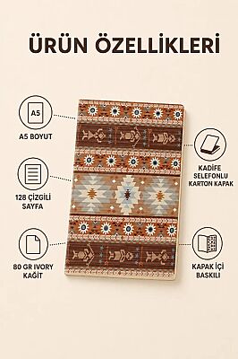 Etnik Desen Serisi 2 - Toprak Tonlu Kilim A5 Çizgili Defter - 2