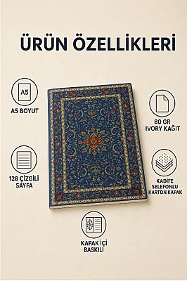 Etnik Desen Serisi 4 - Lacivert Klasik Hali Desenli A5 Çizgili Defter - 2