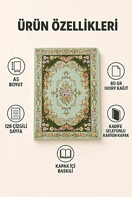 Etnik Desen Serisi 5 - Mint Yesili Çiçekli A5 Çizgili Defter - 2