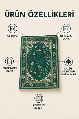 Etnik Desen Serisi 7 - Zümrüt Yesili Botanik Desenli A5 Çizgili Defter - 2
