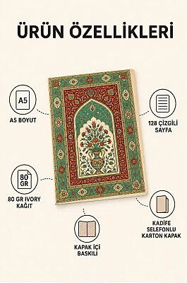 Etnik Desen Serisi 8 - Turkuaz Kirmizi Mihrap Desenli A5 Çizgili Defter - 2