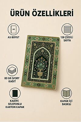 Etnik Desen Serisi 9 - Zümrüt Yesili Mihrap Desenli A5 Çizgili Defter - 2